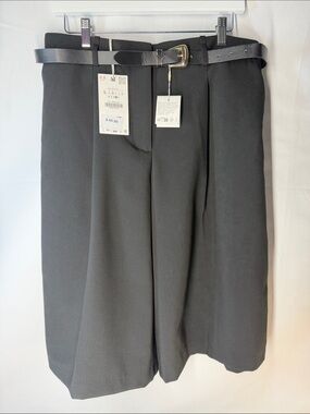 Zara NWT Black High-Waisted Long Belted Bermuda Shorts 1689/021/800